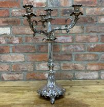 Impressive 19th century Old Sheffield plate three branch candelabra, cast with scrolled foliage,