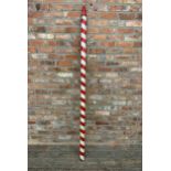 Large hand painted red and white striped wooden barbers pole, H 215cm