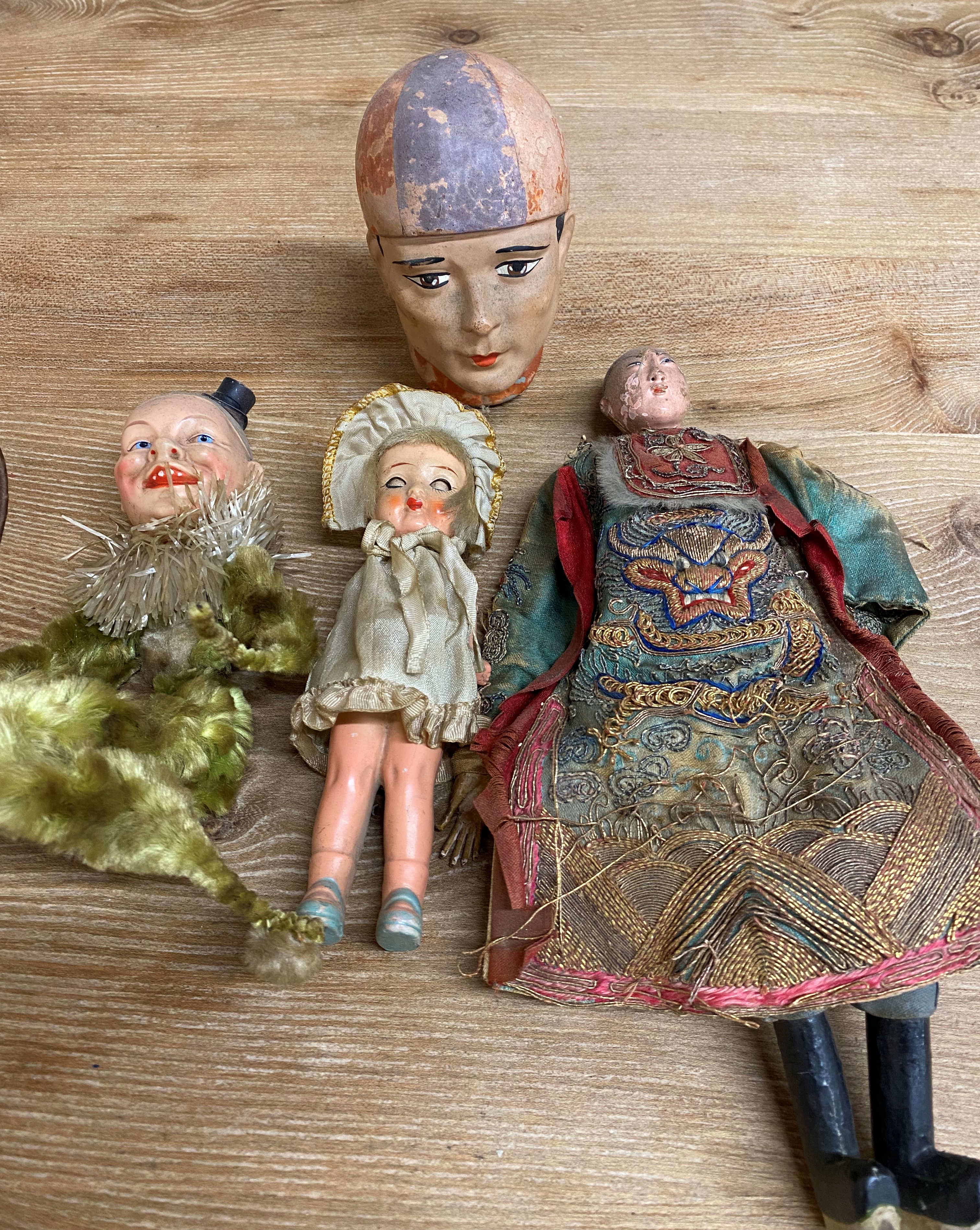 Collection of seven 19th century Folk Art puppets, with lead feet (the skeleton with lead head), - Image 4 of 4