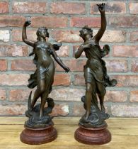 Pair of French Hippolyte Moreau bronzed spelter figures atop carved wooden bases, Diane and L'Auore,