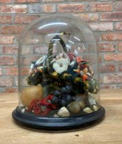 Large knitted crochet diorama with floral basket centre piece and seashell, fruit and taxidermy