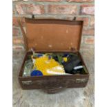 Vintage suitcase filled with Meccano with three instruction manuals for building a crane