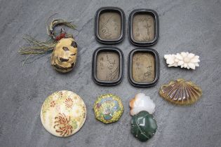 Mixed oriental cabinet lot, comprising three buckles, snuff bottle, satsuma, cloisonne and four