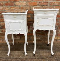 A pair of painted French marble top pot cupboards fitted with a single drawer, marble lined