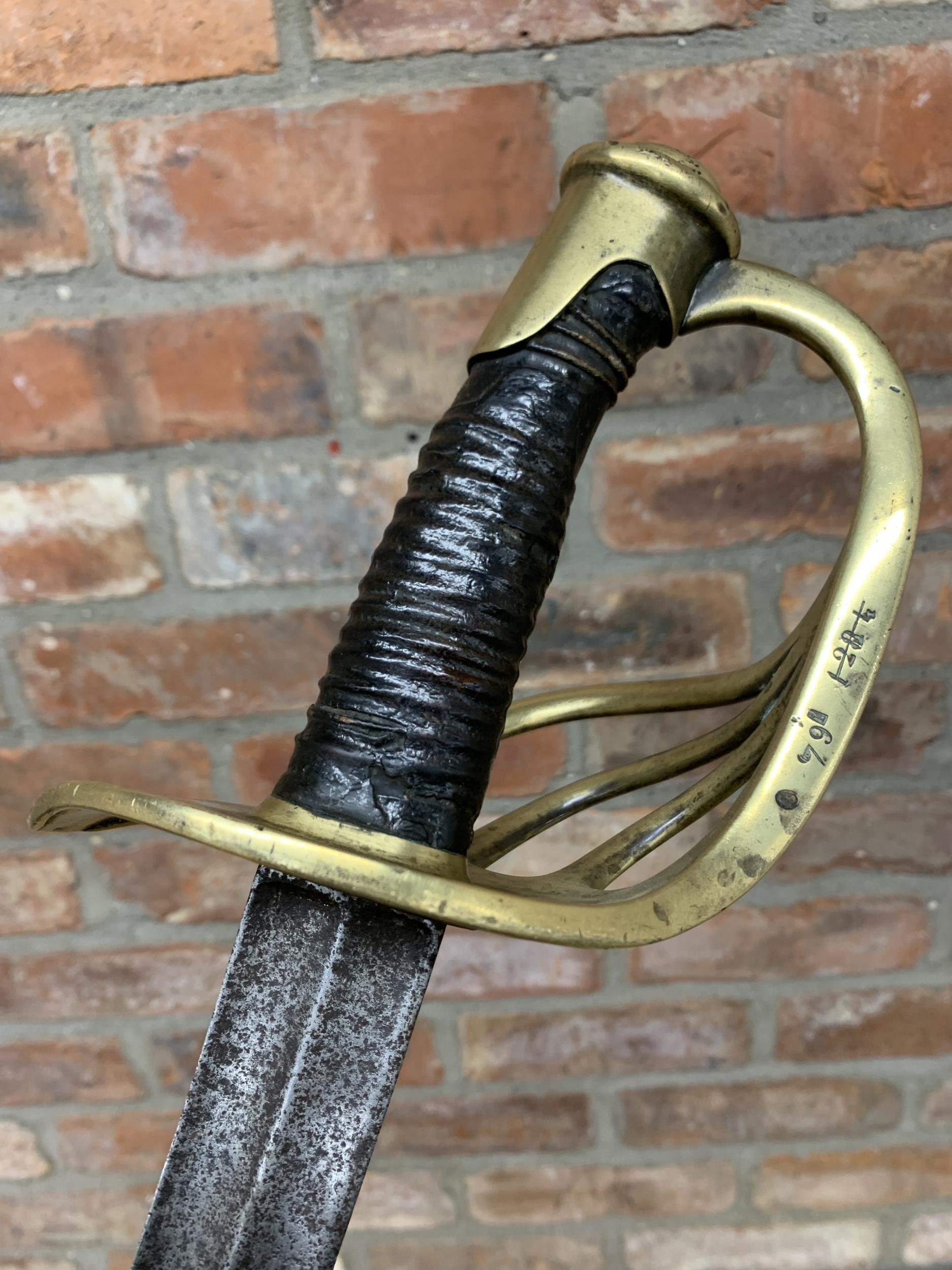 19th century French heavy cavalry cuirassier sword, double fullered blade, stamped 79 1 1284, 94cm - Image 3 of 3