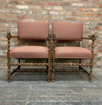 Good quality pair of early 20th century Arts and Crafts barley twist carver chairs, with unusual