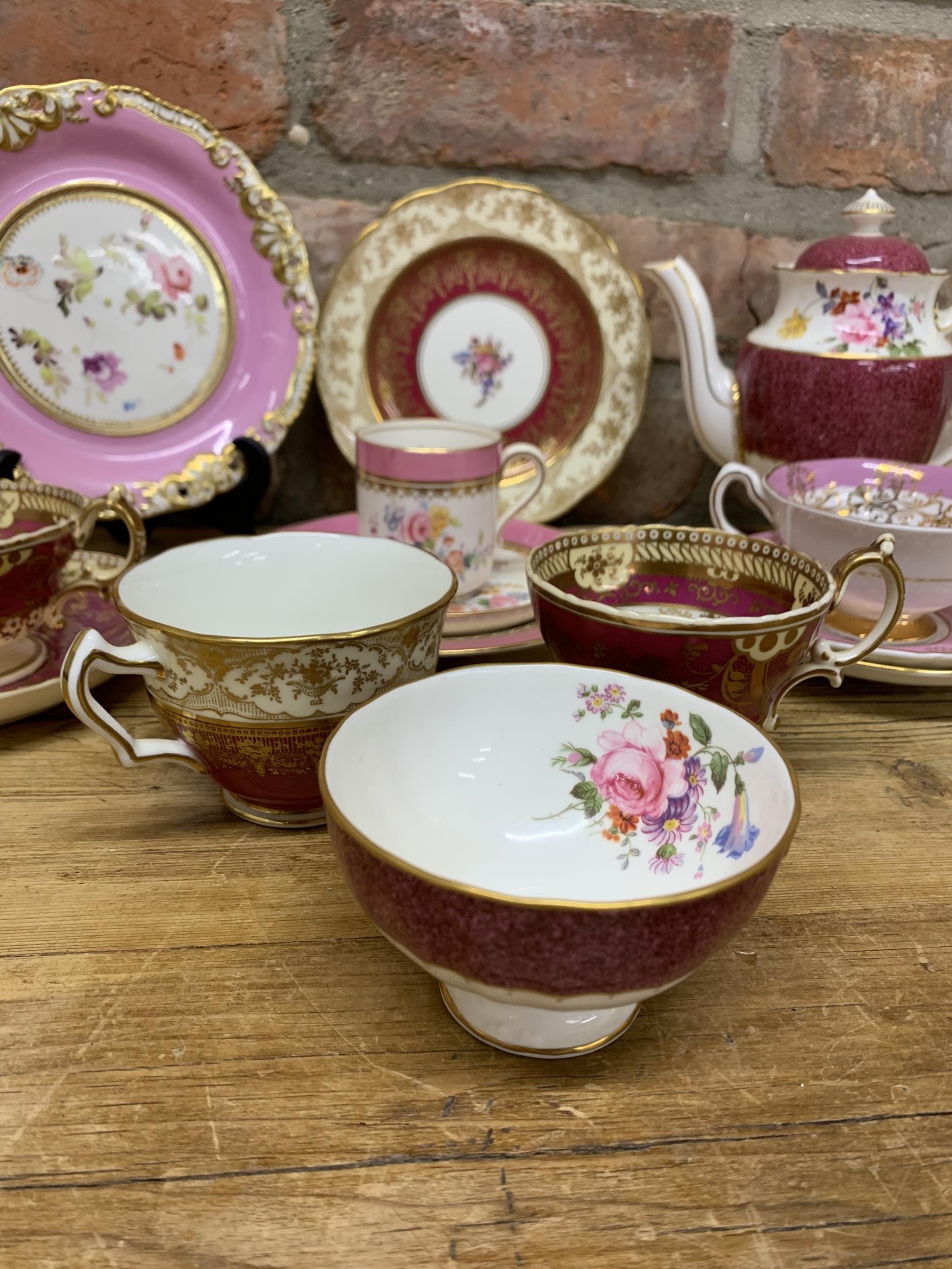 Assortment of antique hand painted pink floral themed cups, saucers, tea pot etc to include Royal - Image 4 of 4