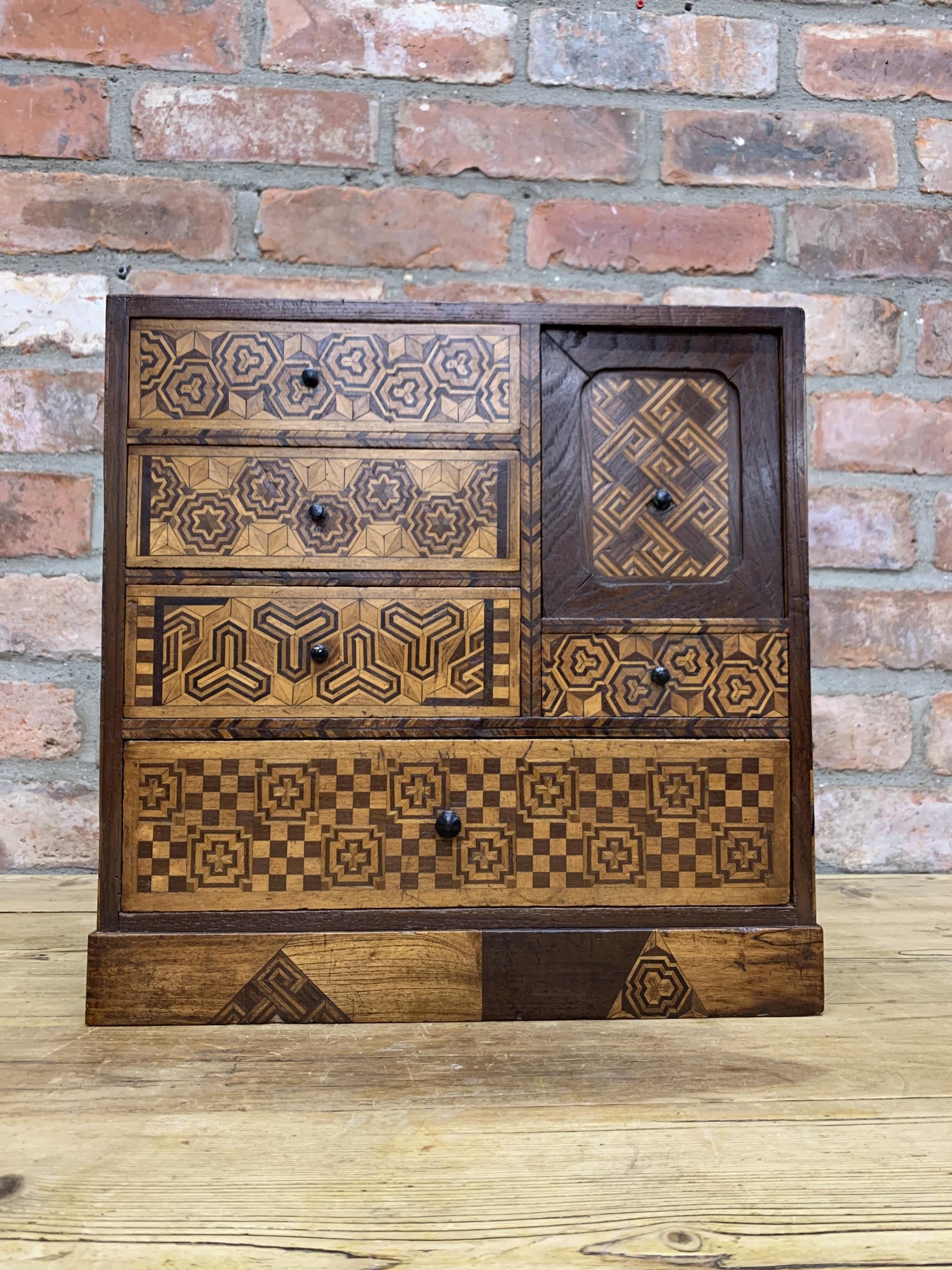 Antique Meiji period Japanese wooden marquetry Tansu table top cabinet, H 36cm x W 36cm - Image 2 of 3