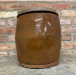 Large glaze terracotta barell seat with metal top lid, H 36cm x D 32cm