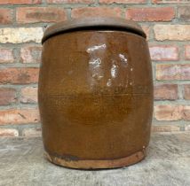 Large glaze terracotta barell seat with metal top lid, H 36cm x D 32cm