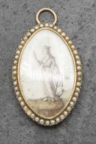 Exceptional George III 18ct and seed pearl mourning pendant, fitted with a maiden and lock of