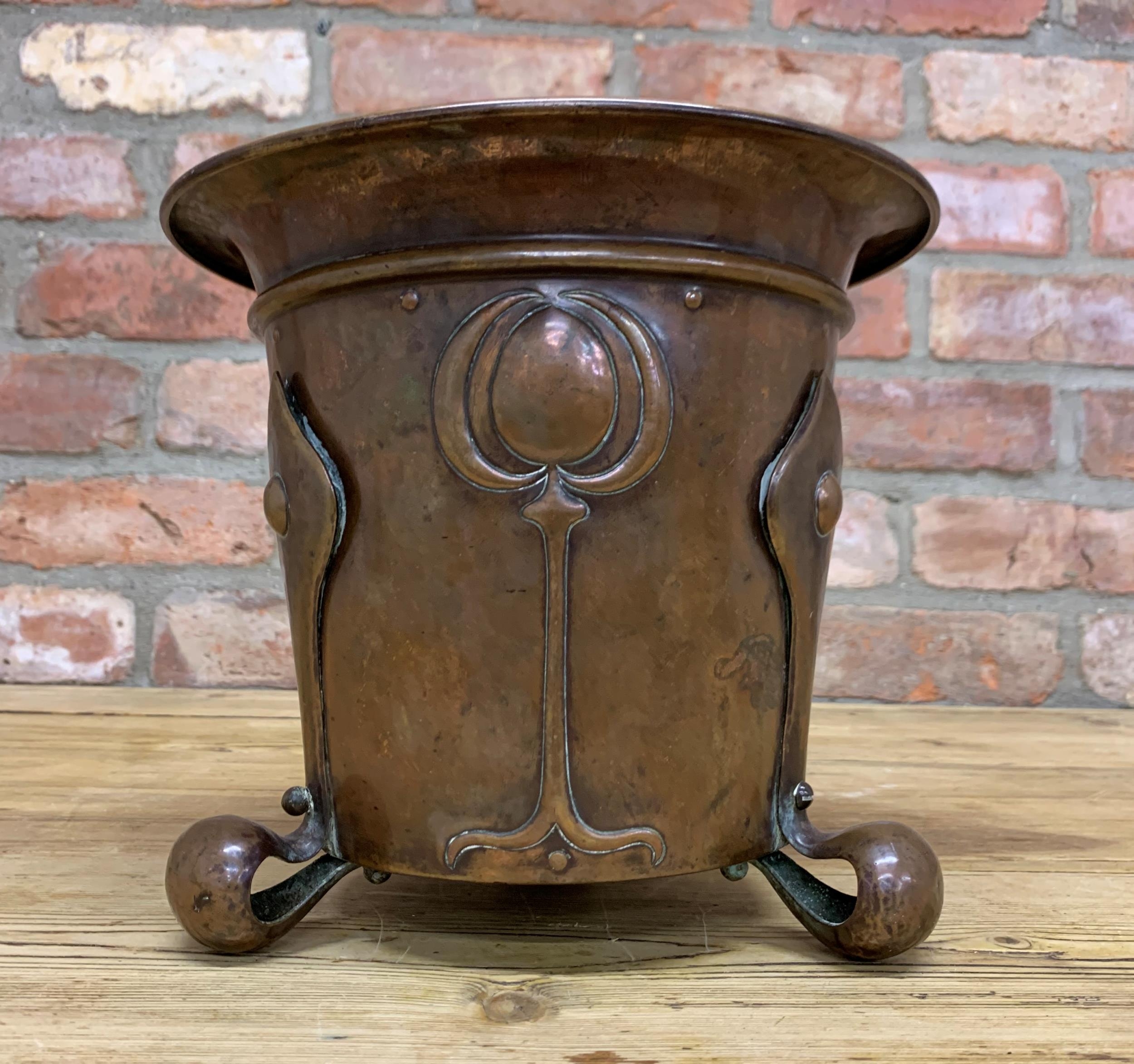 Art Nouveau copper three footed planter, in the manner of Benham and Froud, H 22cm x D 25cm (one