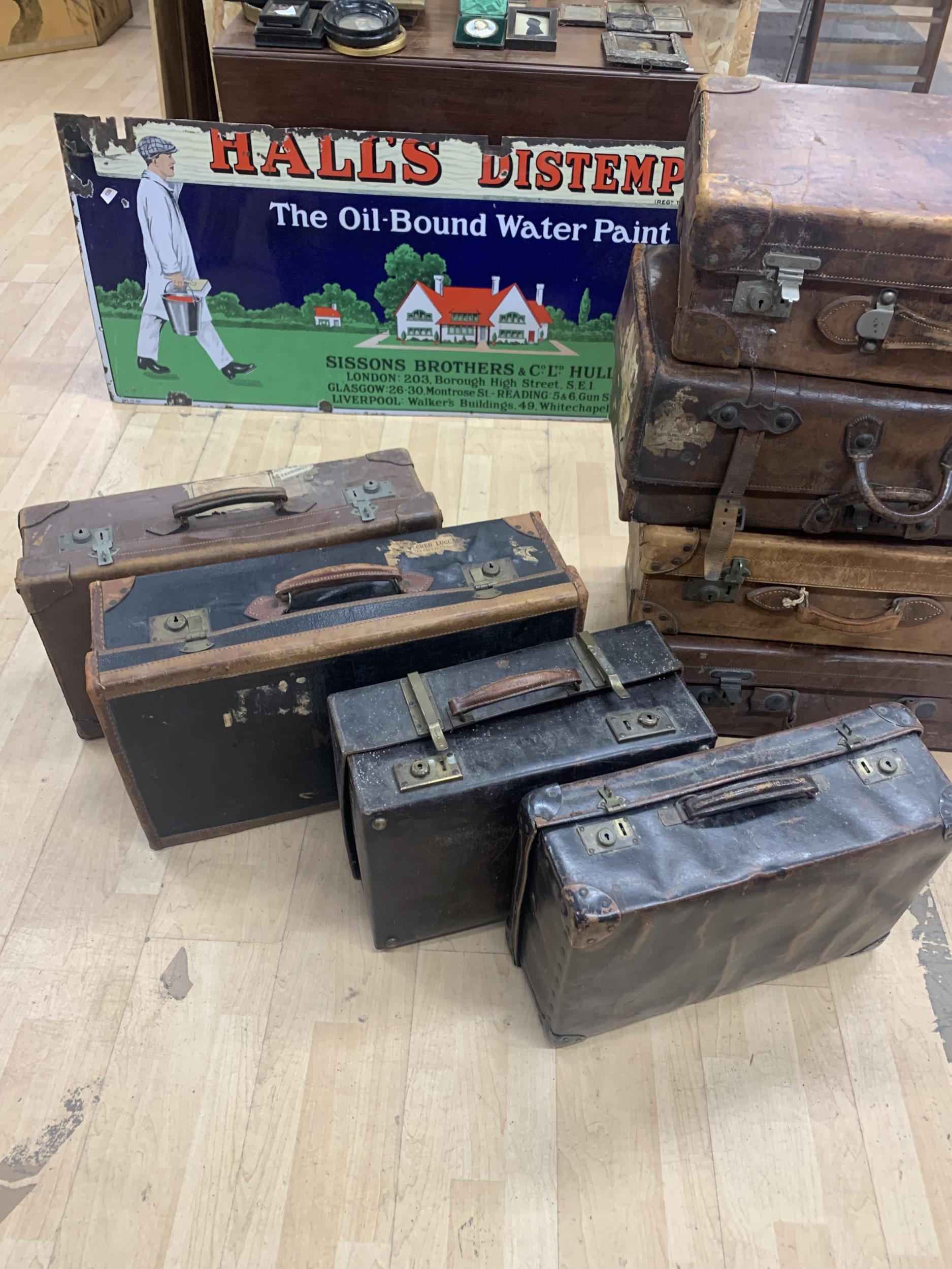 Collection of eight antique brown leather travel suitcases (8) - Image 3 of 3