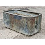 A good quality vintage galvanised planter with riveted seams and ring handles, H 43cm x W 92cm x D