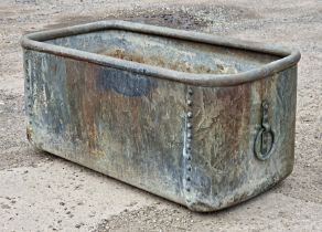 A good quality vintage galvanised planter with riveted seams and ring handles, H 43cm x W 92cm x D