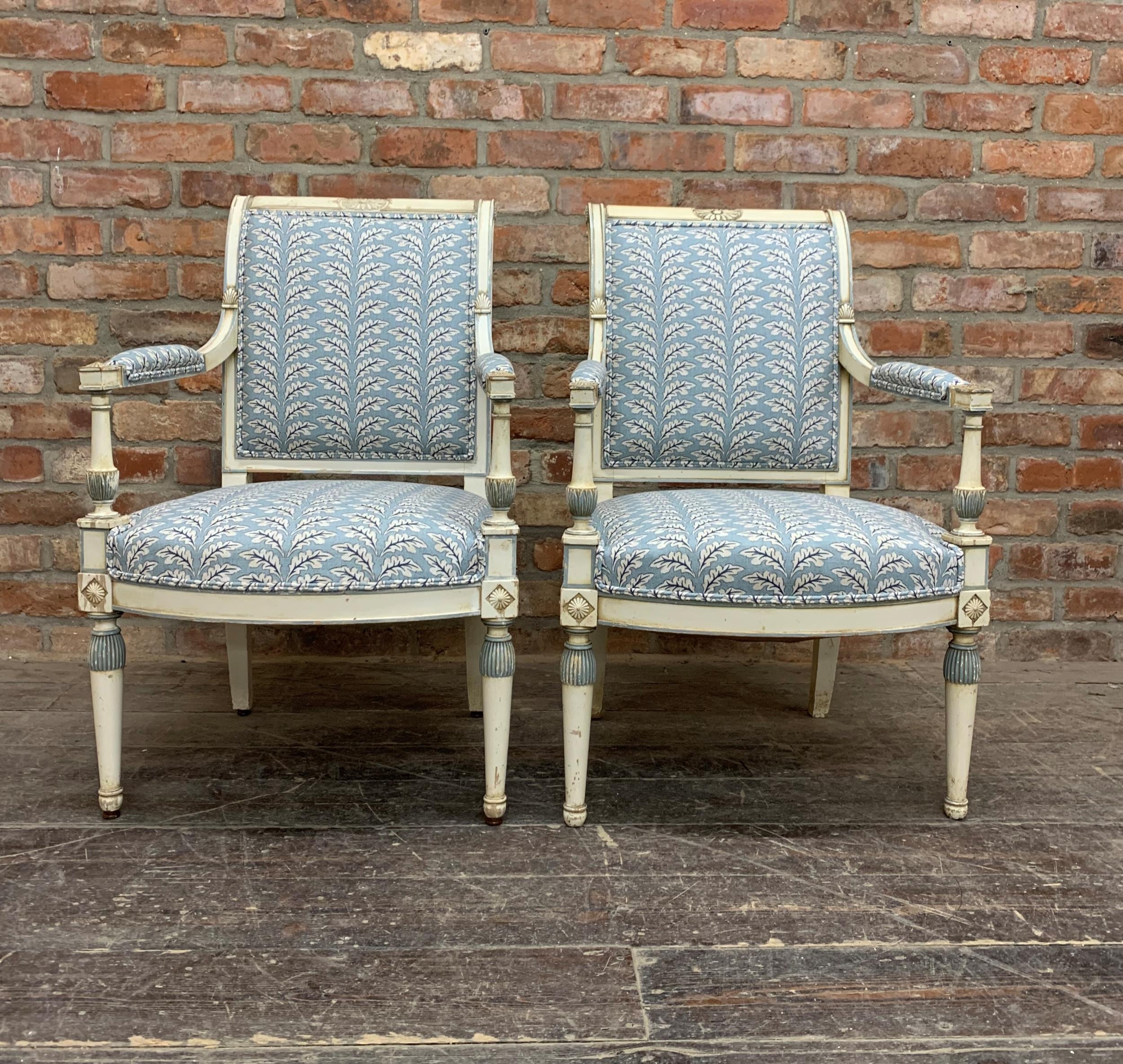 Pair of 19th century painted armchairs in the Directoire style, Recently Upholstered, H 90cm x W - Image 2 of 5