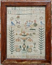 Early Georgian tapestry number sampler, signed to bottom, in unusual hinged door panel, 36cm x 27cm