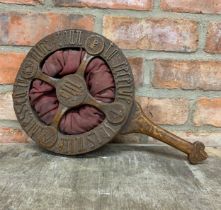 Antique Victorian church offering bag with carved oak frame and velvet pouch. The carved border