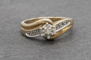 9ct diamond cluster crossover ring, size M, 3.7g