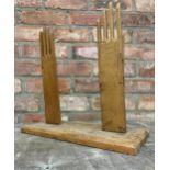 Pair of Wooden glove makers glove moulds on stand, W 38cm x H 35cm