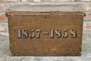 Antique scumbled pine box with stencilled dates '1857-1858' to front, H 31cm x W 53cm x D 33cm