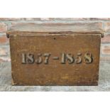 Antique scumbled pine box with stencilled dates '1857-1858' to front, H 31cm x W 53cm x D 33cm