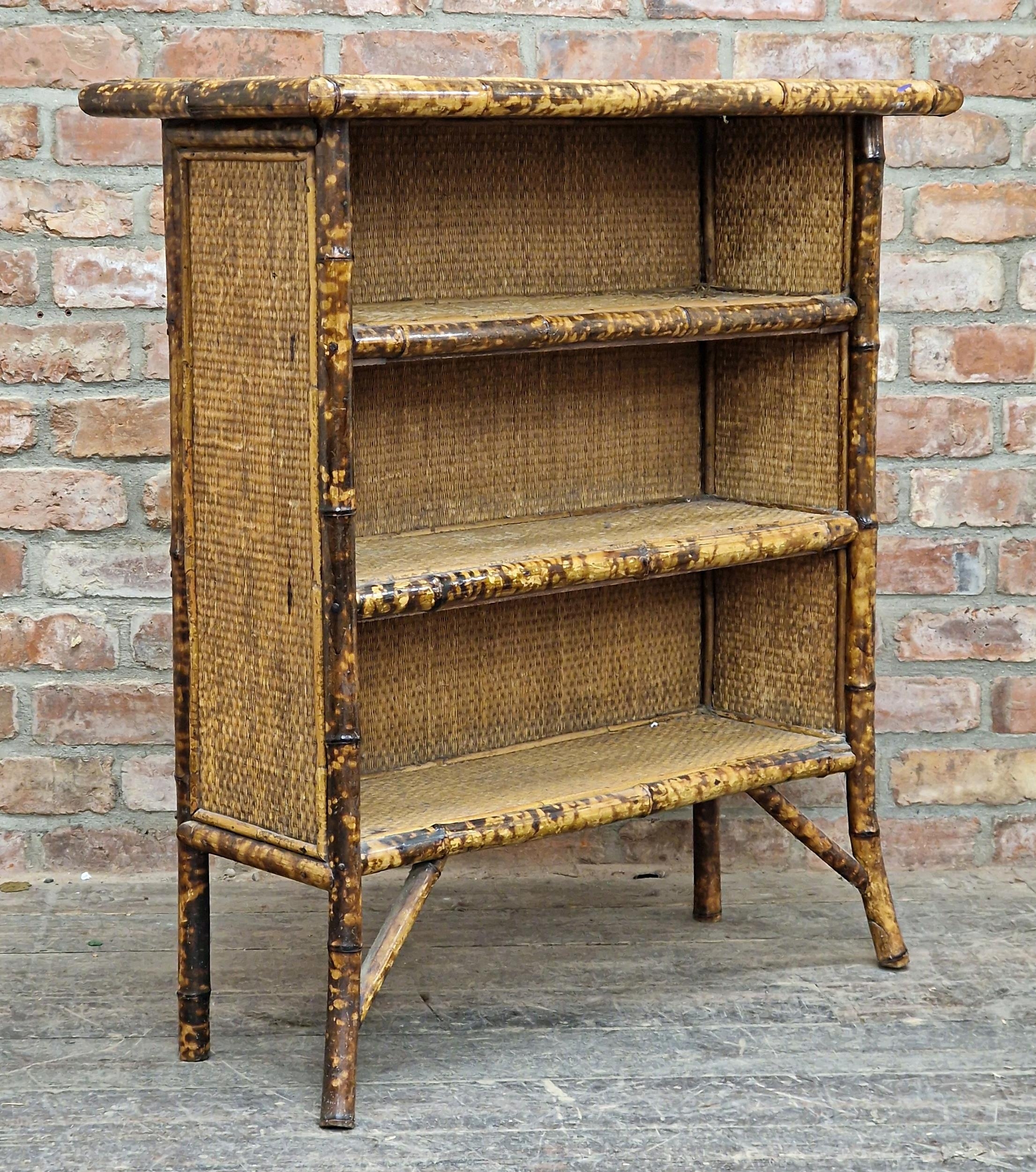 Victorian Aesthetic Movement bamboo and rattan open bookcase with three fitted shelves, H 100cm x - Image 2 of 4