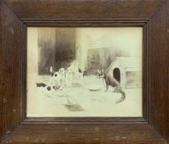 Good early sepia photogravure of a tethered fox and hound pups, indistinctly signed and stamped