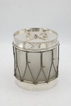 Good quality silver plate and frosted glass drum ice bucket, 18cm high