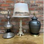 Quantity of contemporary India Jane table lamps to include Indian carved wood and chrome example (3)