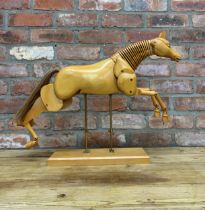 Impressive articulated wooden horse mannequin with horse hair tail on adjustable wooden base, H 54cm