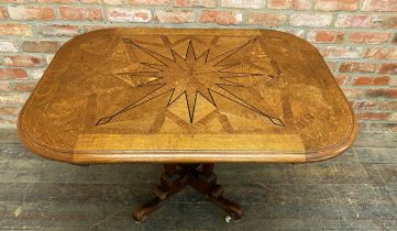 Unusual 19th century oak inlaid centre table, the top with ebony starburst and parquetry satinwood