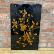 Chinese lacquered panel of birds amidst foliage, gilt highlights, 67 x 41cm