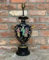 Antique Chinese twin handled ceramic vase converted to electric lamp, H 47cm