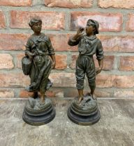 Pair of French spelter figures "Part De Peche" and "Retour de peche" by Victor Rousseau, H 37cm