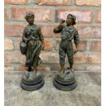 Pair of French spelter figures "Part De Peche" and "Retour de peche" by Victor Rousseau, H 37cm