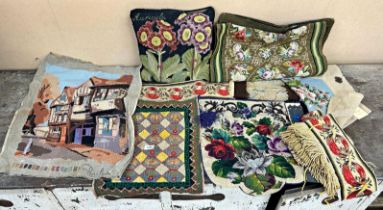 Collection of Victorian and later wool work and other tapestry items including floral bead work face