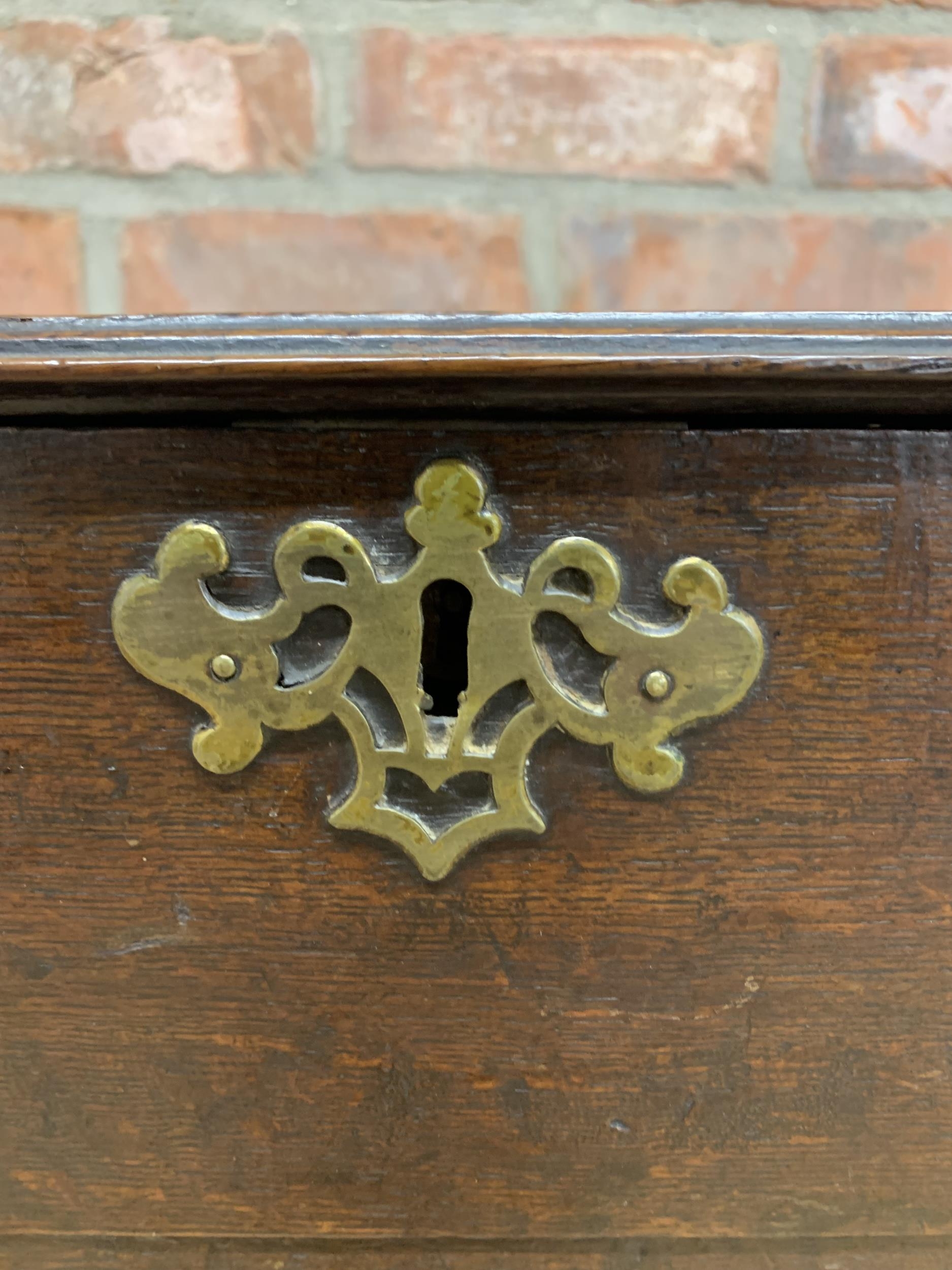 Early 19th century miniature oak coffer with hinged lid on bracket supports, H 26cm x W 51cm x D - Image 2 of 4