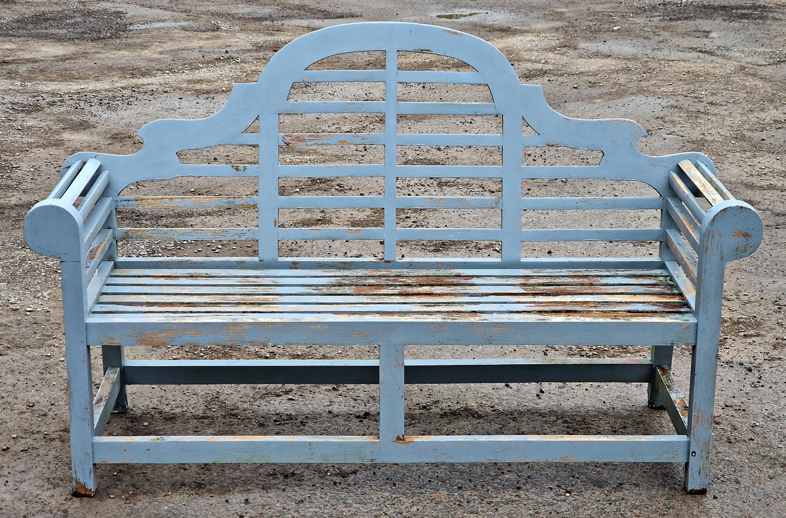 A painted teak lutyens bench, H 103cm x W 166cm x D 57cm