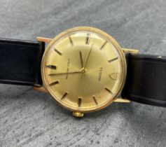 Vintage 9ct Tudor gents dress watch, 34mm case, gilt dial with gilt hands and markers, associated