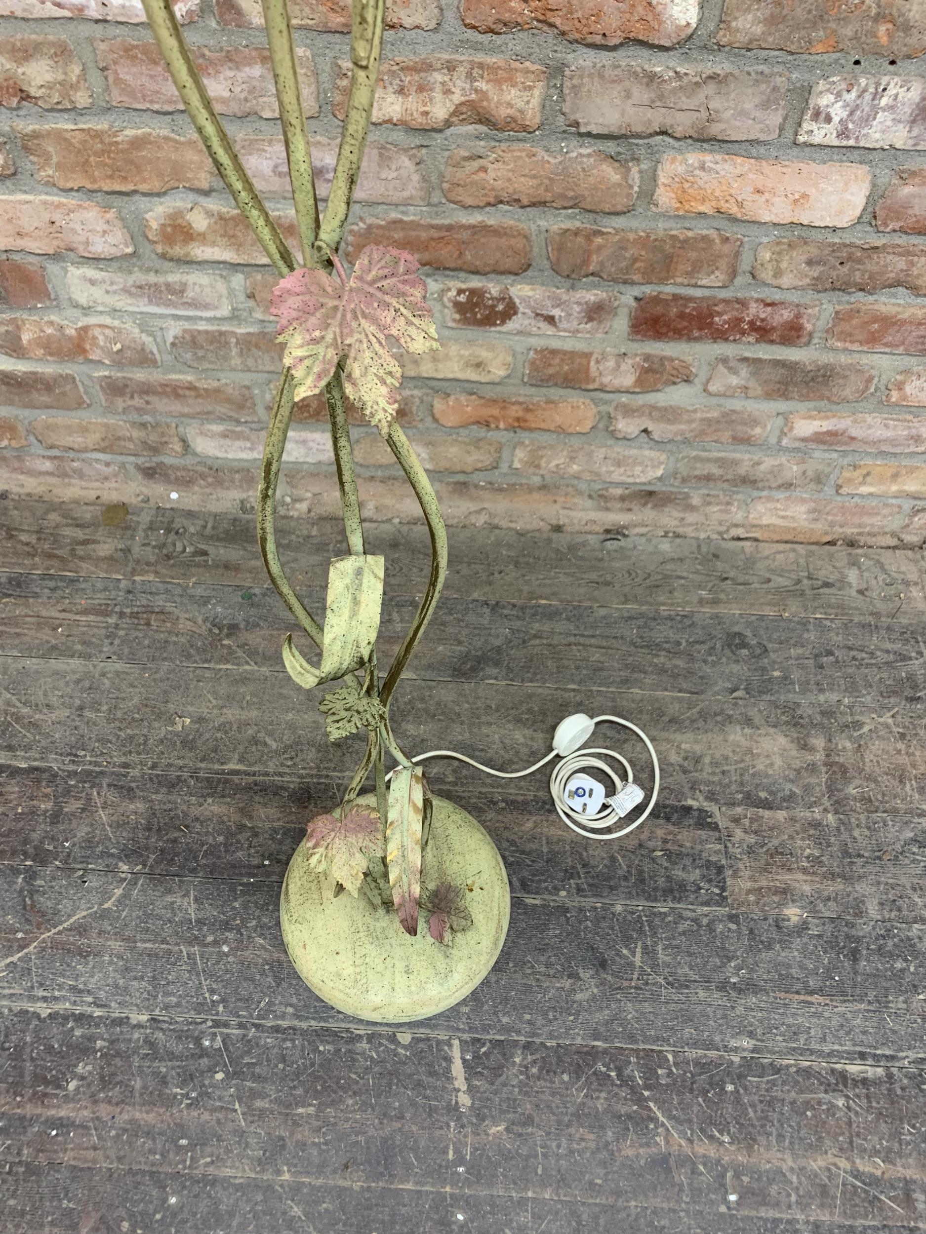 Vintage French Mid Century wirework floral floor lamp with cranberry glass shades, H 180cm - Image 4 of 4