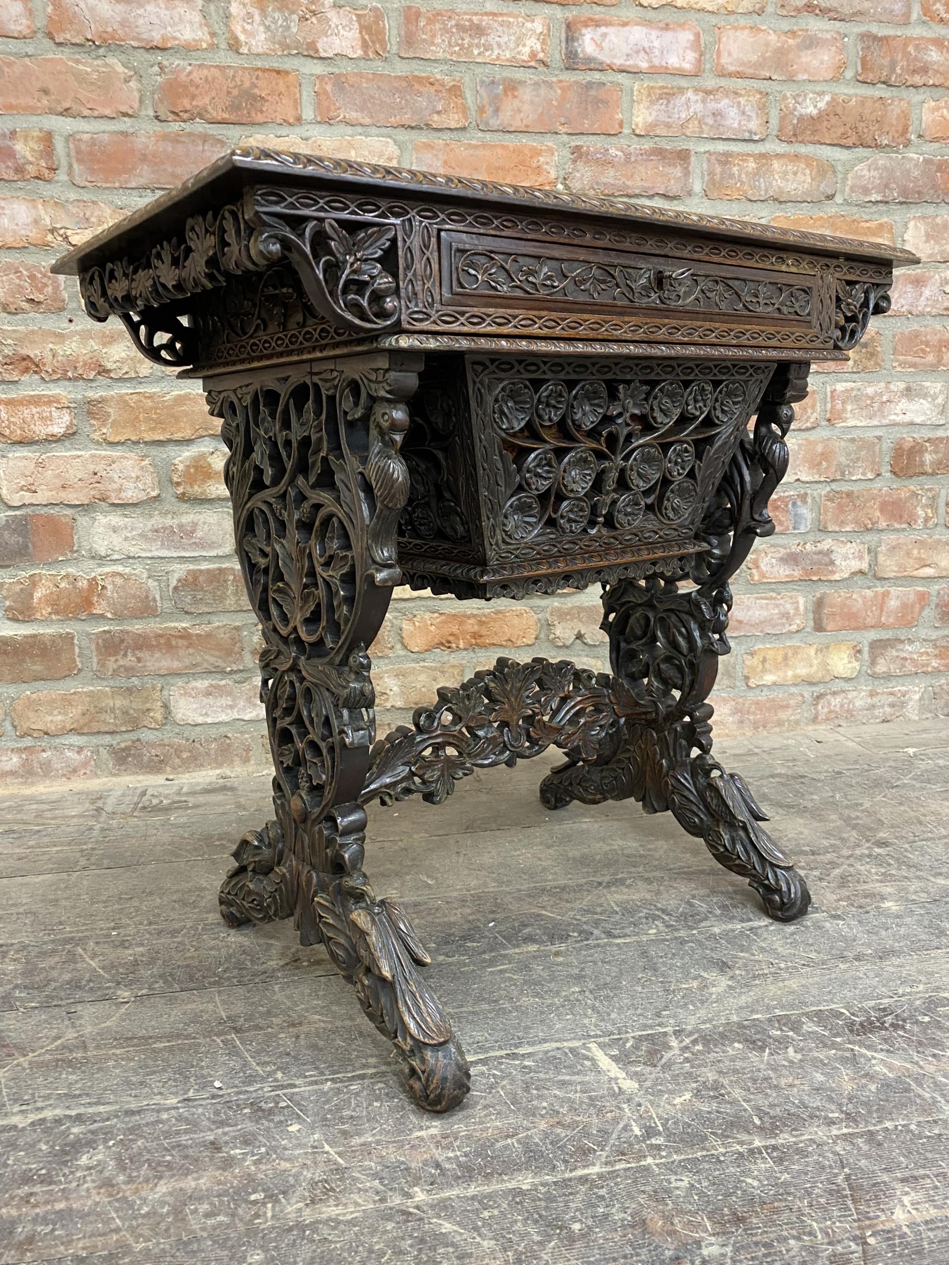 Exceptional quality Anglo Burmese / Indian padauk work table, the top with darted borders upon a - Image 2 of 9