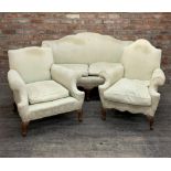 Late 19th century Chippendale style sofa and two matching armchairs, raised on cabriole legs with