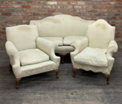 Late 19th century Chippendale style sofa and two matching armchairs, raised on cabriole legs with