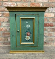 Swedish painted hanging wall cupboard, with floral bouquet front panel and painted interior, H