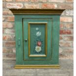 Swedish painted hanging wall cupboard, with floral bouquet front panel and painted interior, H