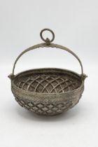 Archaic Ottoman white metal (untested) basket, with diaper relief bowl, H 19cm x Dia 15cm, 12oz