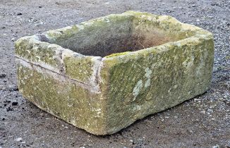 Weathered natural stone 'D' end trough, H 23cm x W 68cm x D 44cm