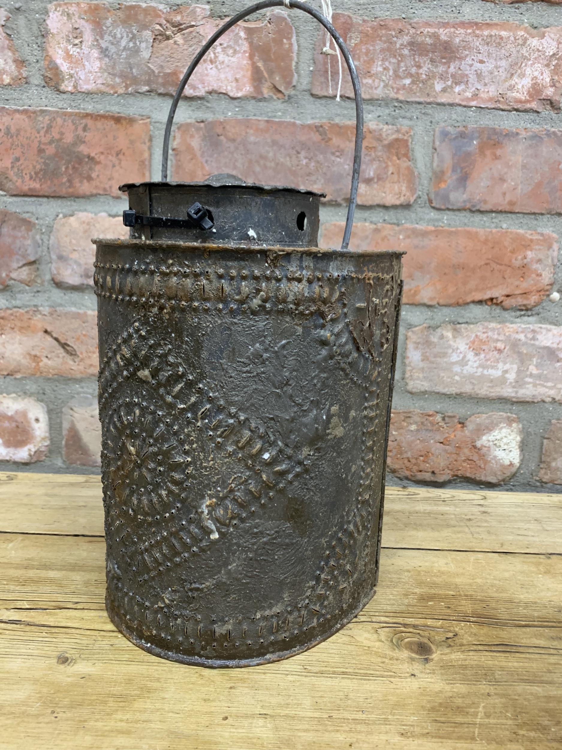 Pair of Indian tin storm lanterns, beaten with floral decoration, 27cm high (2) - Image 3 of 3