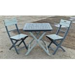 Contemporary painted wooden fold out garden table and two chairs, H 74cm x W 70cm x D 70cm (